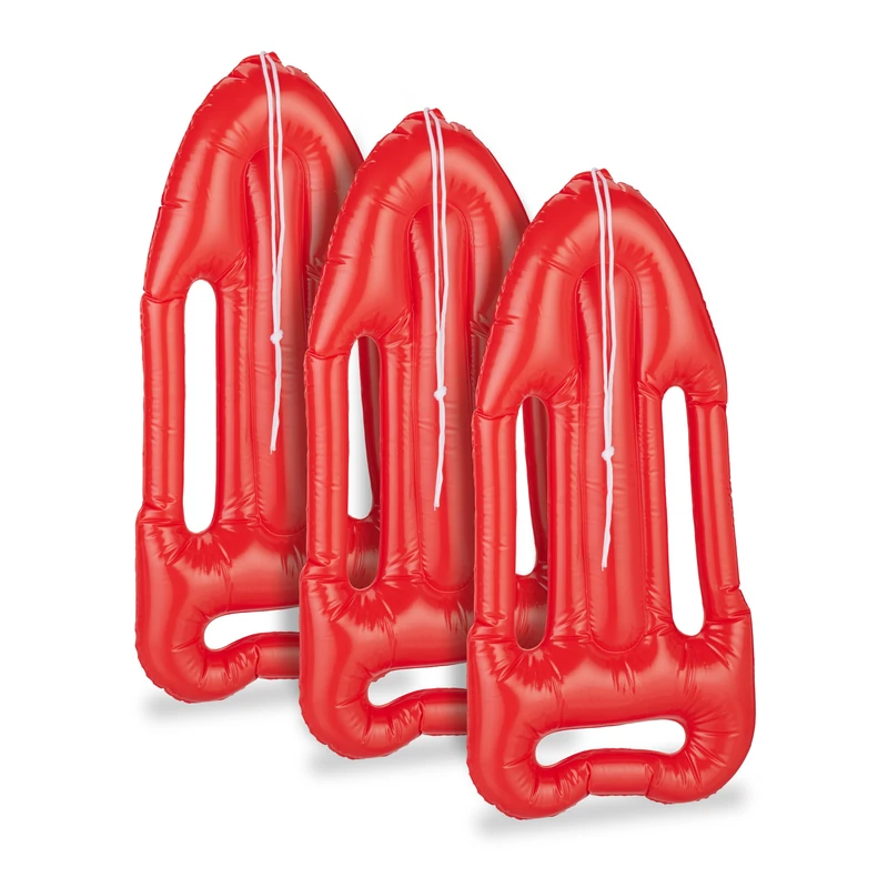 Relaxdays 3X Inflatable Life Buoy, Rescue Board with Rope, Swimming Practice, Floatation Device, 7 x 30 x 64 cm, Red