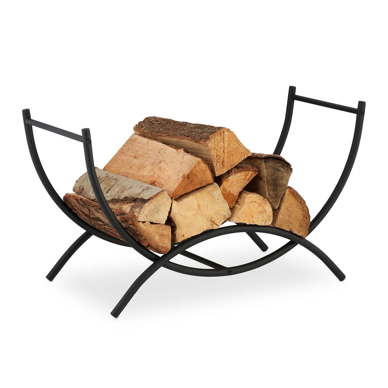 Relaxdays Firewood Basket, Fireplace Storage for Wood, Curved, HxWxD: 38 x 67 x 32.5 cm, Indoor, Metal, Steel, Black - Image 1