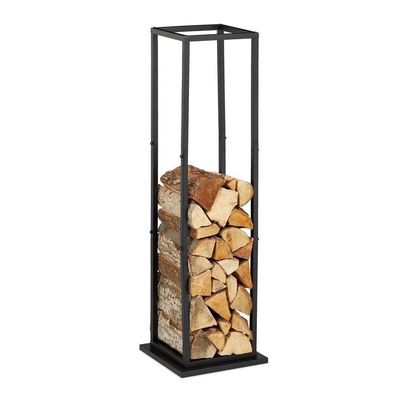 Relaxdays Firewood Rack, Metal, Tall Wood Storage, Fireplace, Metal, Steel, Stack Logs, HxWxD 121 x 35 x 35 cm, Black