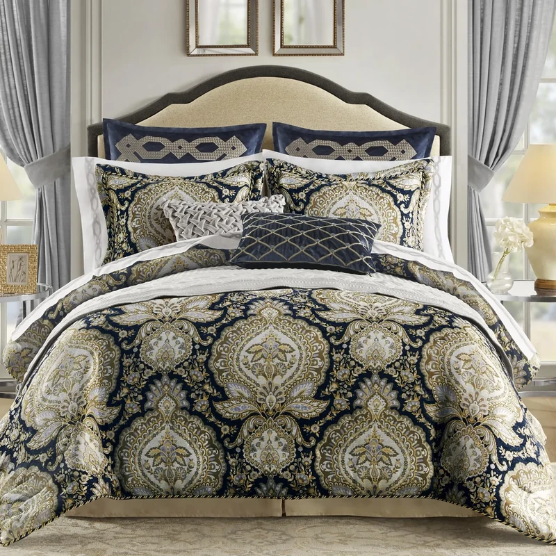 CROSCILL King Comforter Set, Luxe Chenille Jacquard Medallion, Soft Microfiber Twill Comforter for a King-Size Bed, Oversized Comforter King Bedding, 2 Shams & Bedskirt, Valentina, Navy 4 Piece