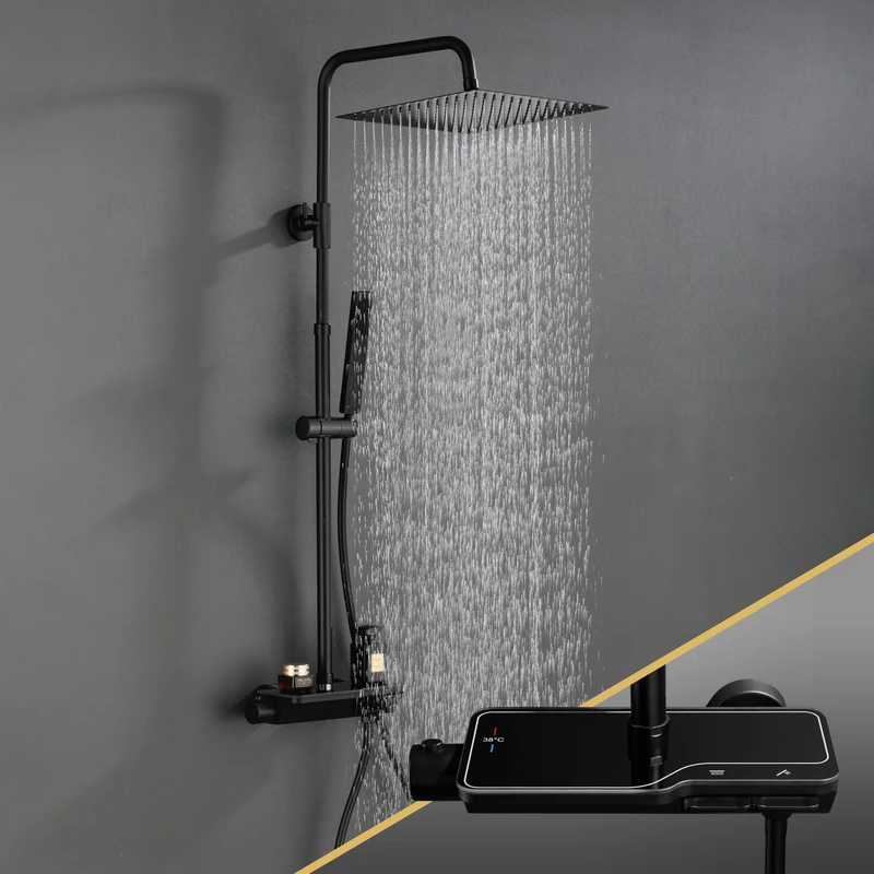 Görbach Shower Column with 38°C Thermostatic Mixer Tap 304 Stainless Steel - Black Shower Column Tap with Shower Head (20 × 20 cm Square)