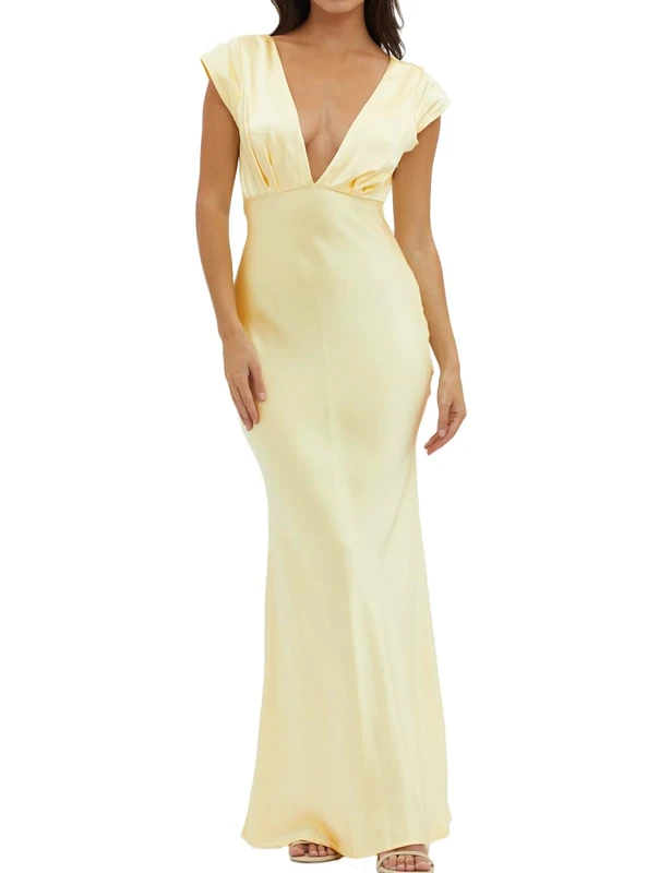 Halfisland Womens Summer Satin V Neck Cap Sleeve Backless Maxi Dress Elegant Twist Cut Out Midi Dresses Wedding Guest, Yellow, S