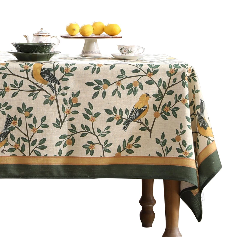 patdrea Designer French Table Cloth for Rectangle Table,Vintage Green Linen Birds and Leaves Pattern Tablecloths,Dacorative Cover Kitchen Dining,Christmas,Thanksgiving,Party,67"x118"-Warbler