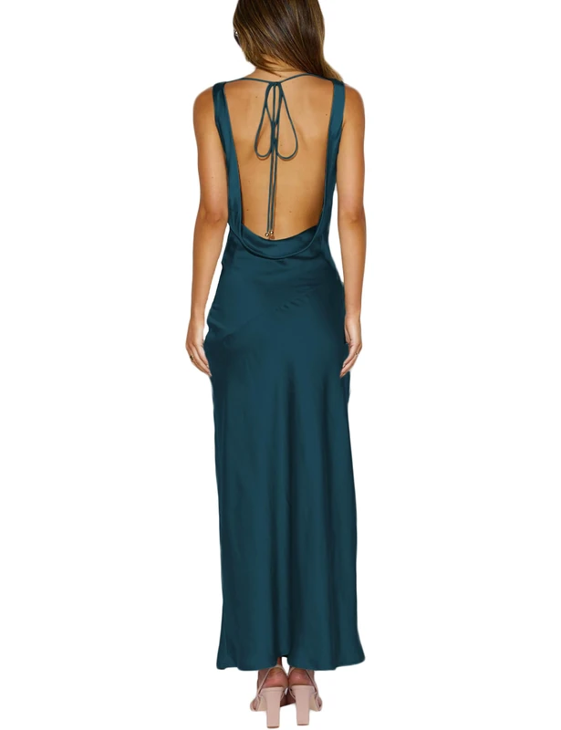 KOUNAI Satin Cowl Neck Sleeveless Backless Maxi Wedding Guest Dress Silk Open Back Tie Back Prom Formal Dresses for Women 2024, Deepgreen, XS