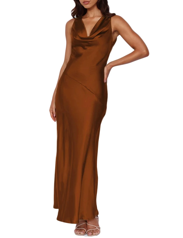 Satin Cowl Neck Sleeveless Backless Maxi Wedding Guest Dress Silk Open Back Tie Back Prom Formal Dresses for Women 2025, Brown, M
