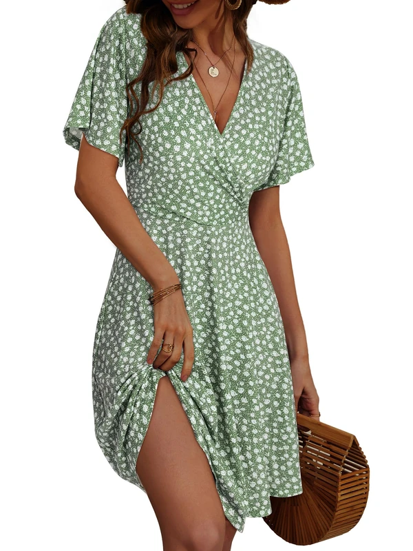 FENSACE Womens Sundress Summer Floral Short Sleeve Wrap V Neck A-Line Midi Dress, Floral-32, XL