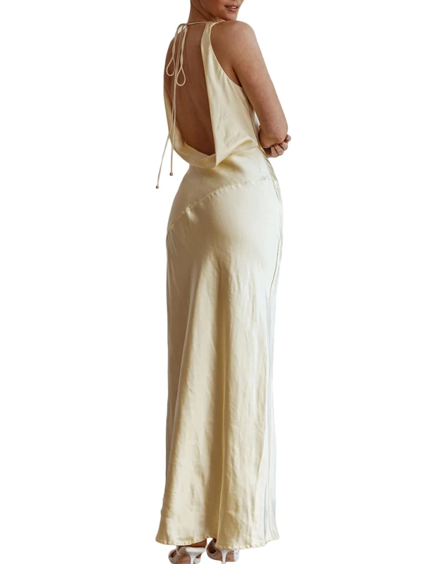 KOUNAI Satin Cowl Neck Sleeveless Backless Maxi Wedding Guest Dress Silk Open Back Tie Back Prom Formal Dresses for Women 2025, Yellow, XL