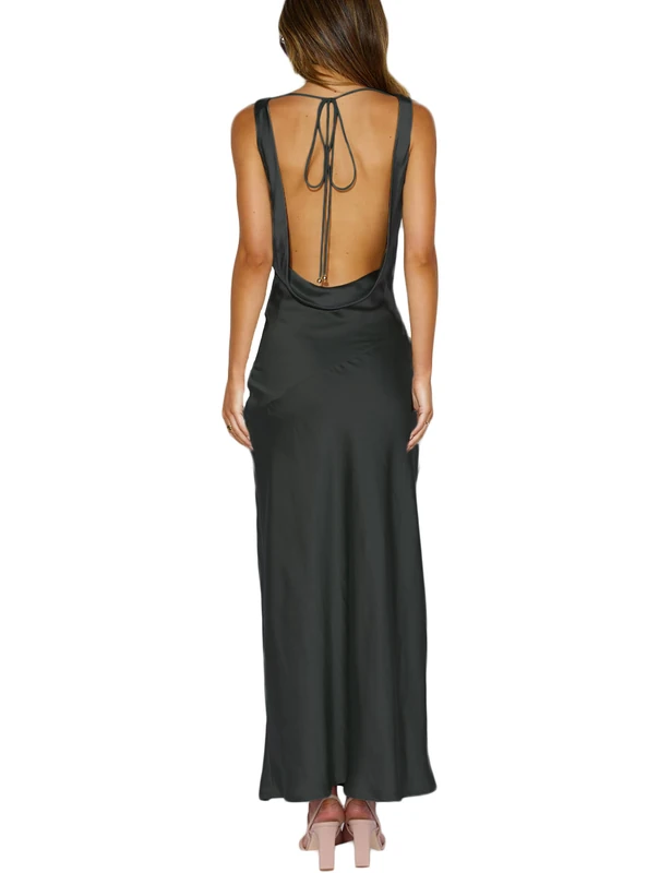 Satin Cowl Neck Sleeveless Backless Maxi Wedding Guest Dress Silk Open Back Tie Back Prom Formal Dresses for Women 2025, Black, XL