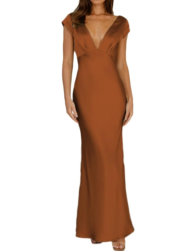 Halfisland Womens Summer Satin V Neck Cap Sleeve Backless Maxi Dress Elegant Twist Cut Out Midi Dresses Wedding Guest, Brown, S