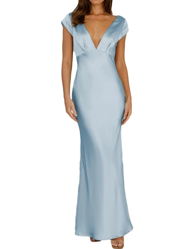 Halfisland Womens Summer Satin V Neck Cap Sleeve Backless Maxi Dress Elegant Twist Cut Out Midi Dresses Wedding Guest, Blue, XL