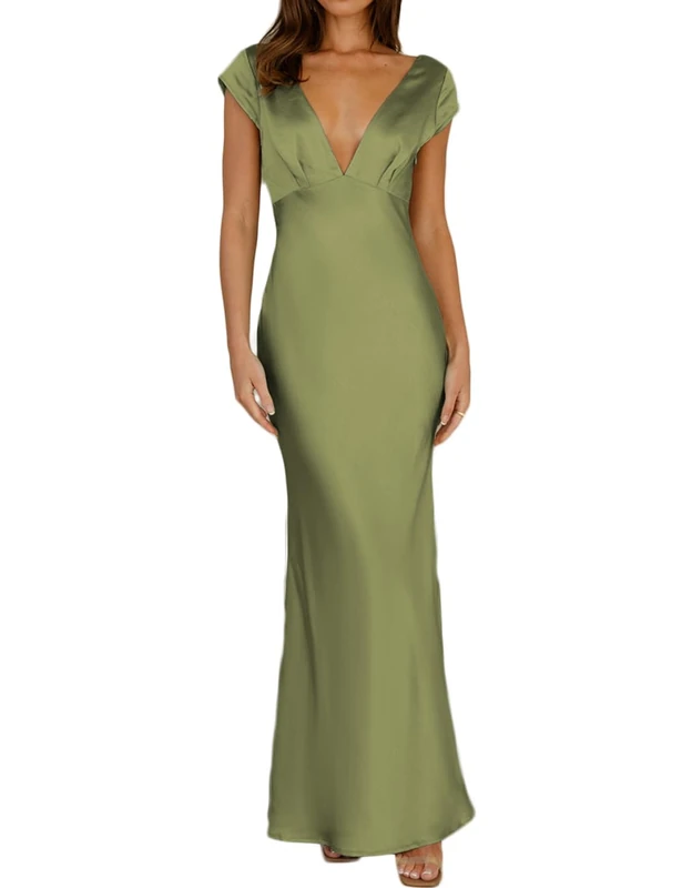 Halfisland Womens Summer Satin V Neck Cap Sleeve Backless Maxi Dress Elegant Twist Cut Out Midi Dresses Wedding Guest, Olive, L