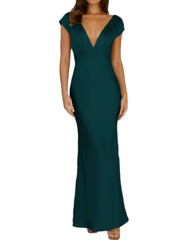 Halfisland Womens Summer Satin V Neck Cap Sleeve Backless Maxi Dress Elegant Twist Cut Out Midi Dresses Wedding Guest, Deep Green, S
