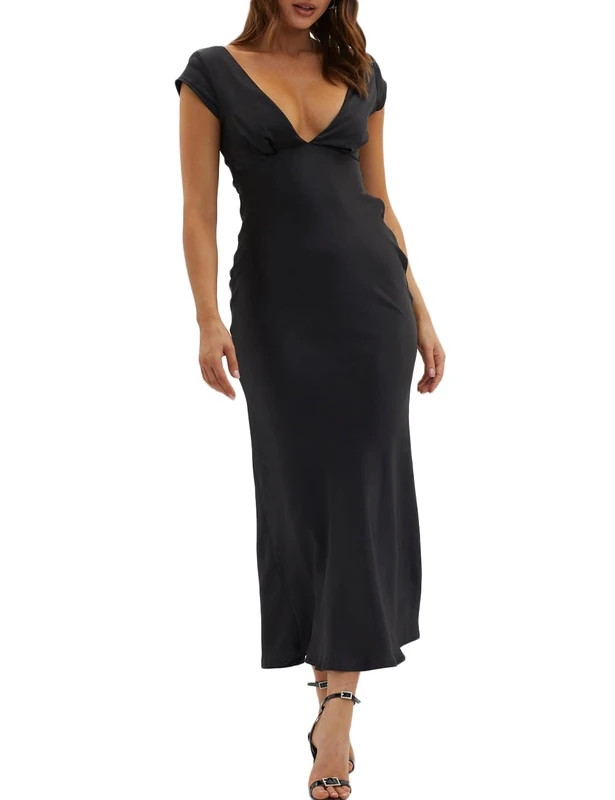 Halfisland Womens Summer Satin V Neck Cap Sleeve Backless Maxi Dress Elegant Twist Cut Out Midi Dresses Wedding Guest, Black, XS