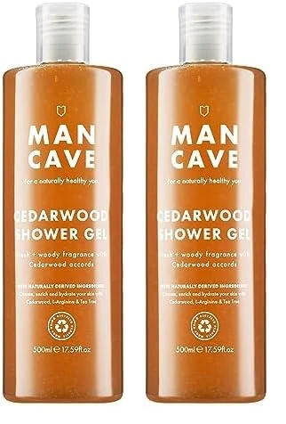 ManCave Cedarwood Shower Gel 500ml for Men, Fresh & Wood Aroma, Natural Formulation, Sulphate and Paraben Free, Vegan Friendly, Tube made from Recycled Plastics, Made in England (Pack of 2)