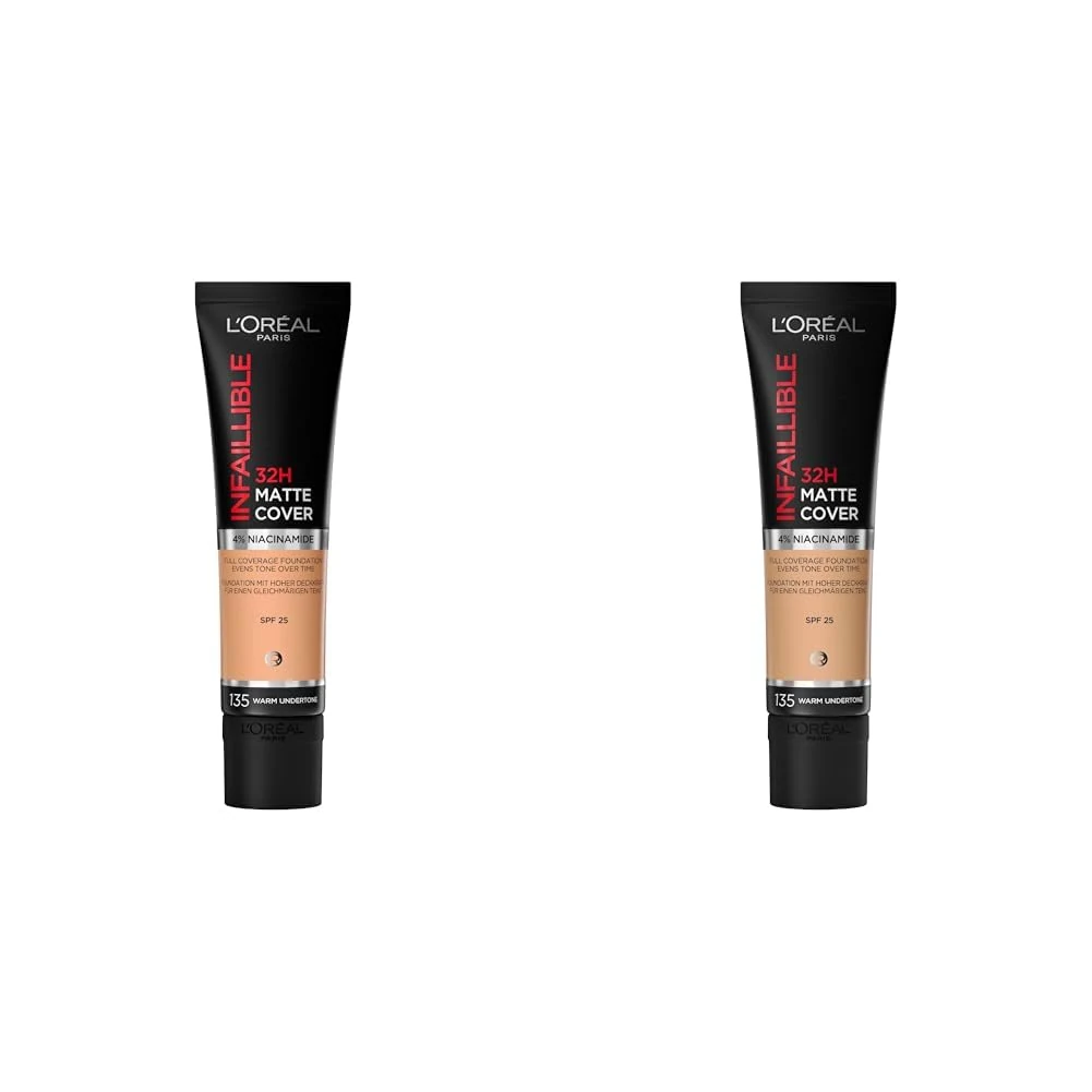 L'Oreal Paris Cover Liquid Foundation, With 4% Niacinamide, Long Lasting, Natural Finish, Available in 20 Shades, SPF 25, Infallible 32H Matte Cover, Shade 200, 30ml (Pack of 2)