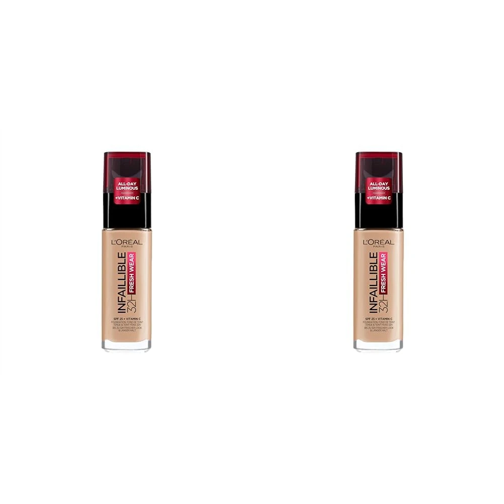 L'Oréal Paris Infallible 32H Fresh Wear Foundation, Full-coverage, Longwear, Weightless Smooth Finish, Water-proof and Transfer-proof, with Vitamin C + SPF 25, 125 Natural Beige (Pack of 2)
