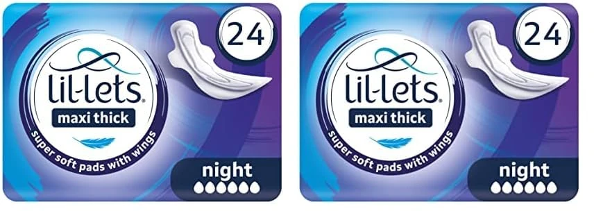 Lil-Lets Maxi Thick Period Pads X 24 | Night Absorbency| with Wings | 2 Pack of 24 Maxi Pads | for Very Heavy/Extra Heavy Overnight Flow | Unscented | Super Soft Cover