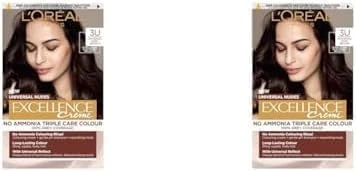 L'Oreal Paris Excellence Permanent Hair Dye Colouring Cream, 100% Grey Coverage, With Pro-Keratin + Ammonia-Free, Universal Nudes, 3U Dark Brown (Pack of 2)