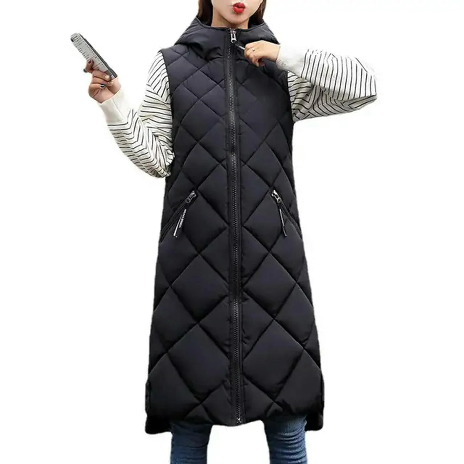 KWTF Autumn Winter Outwear Stylish Zipper Pockets Lady Coat Thick Winter Vest Hooded Casual for Daily Wear