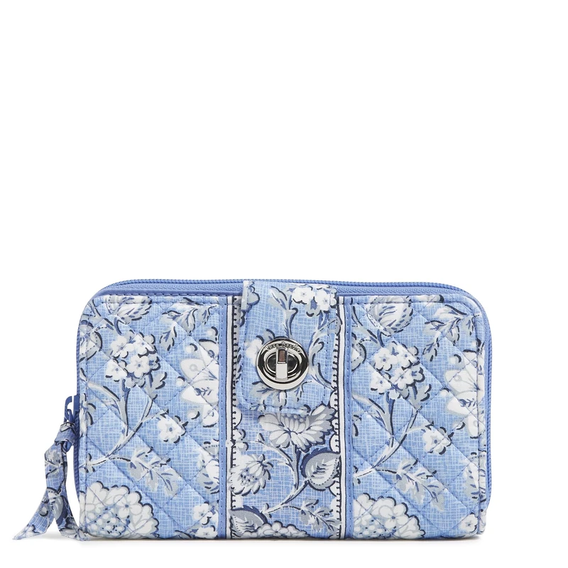 Vera Bradley Women's Cotton Turnlock Wallet with RFID Protection, Sweet Garden Blue, One Size