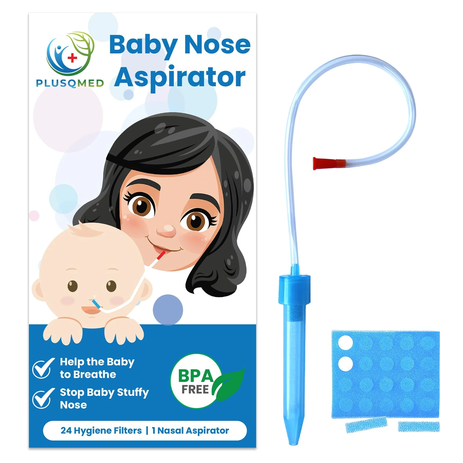 Baby Nasal Aspirator, Mucus Sucker with 24 Hygiene Filters - Safe & Easy to Clean for Newborns, Infants, Kids - Suction Nose Cleaner, Nose Sucker, Nasal Suction, Mucus Remover,PLUSQMED
