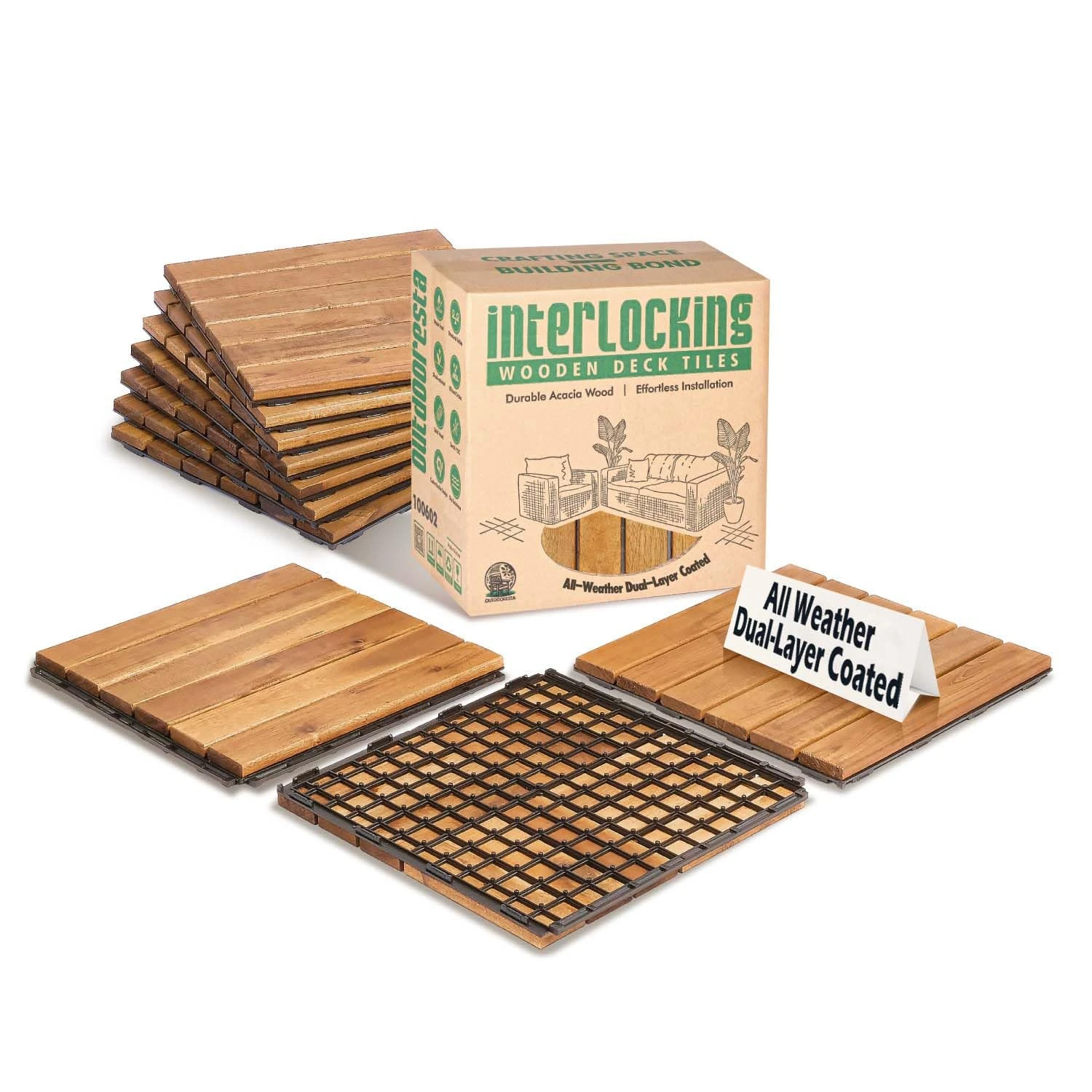 Outdooresta Interlocking Deck Tiles 10 Pcs - 12x12 Acacia Wood Patio Tile Indoor Floor - Outdoor All Weather - Balcony Decorations for Apartment - Wooden Patio Flooring Planks Outdoor Waterproof