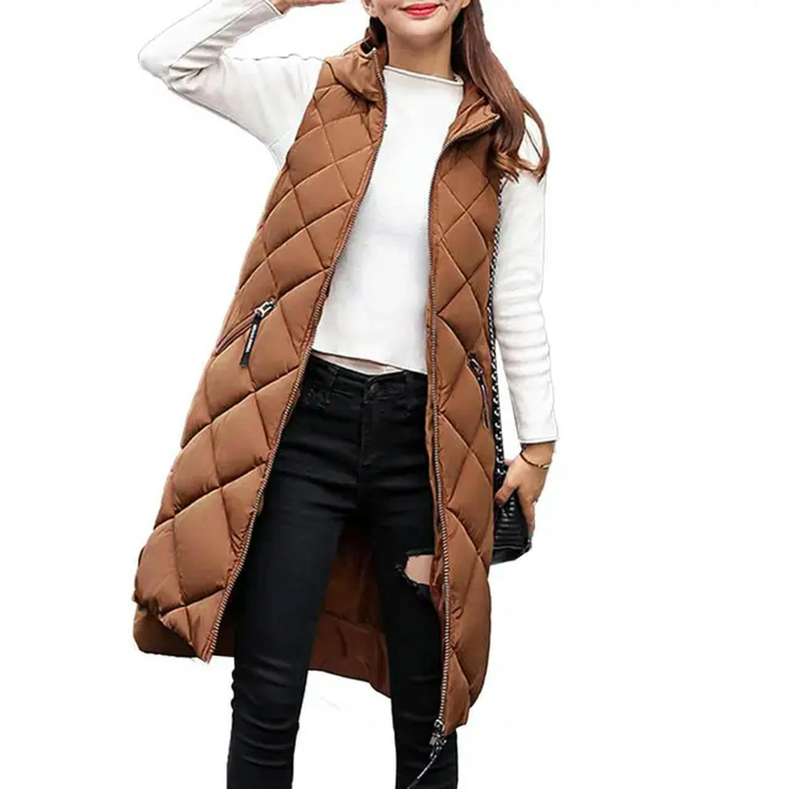 KWTF Autumn Winter Outwear Stylish Zipper Pockets Lady Coat Thick Winter Vest Hooded Casual for Daily Wear