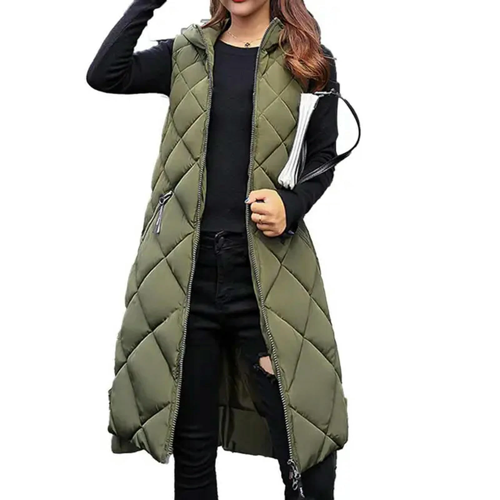 KWTF Autumn Winter Outwear Stylish Zipper Pockets Lady Coat Thick Winter Vest Hooded Casual for Daily Wear