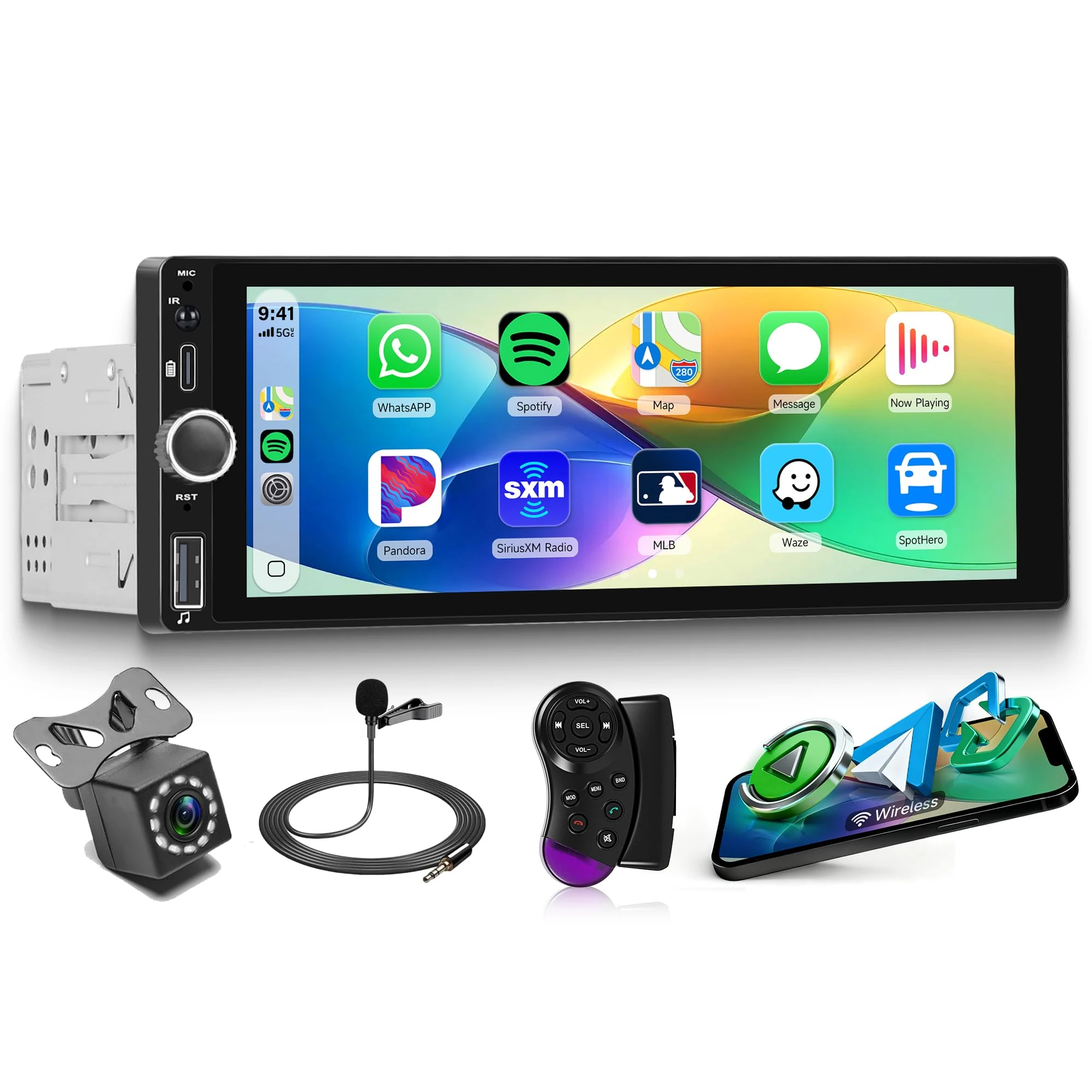 Rimoody RDS Single Din Wireless Carplay Car Stereo Android Auto 6.9 inch HD Touch Screen Car Radio Bluetooth FM EQ Backup Camera USB Type-C SWC