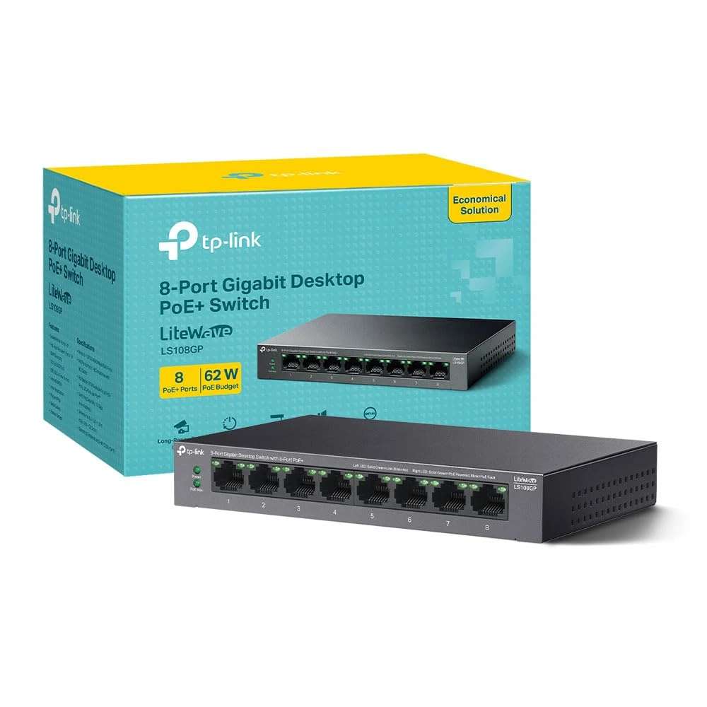 TP-Link LS108GP 8 Port Full Gigabit PoE+ Switch, Network Switch, Power Saving, Plug & Play, Metal Case, Ethernet Switch, 802.3af/at 30W, 62W Total Budget, Ethernet Splitter, Silent Operation