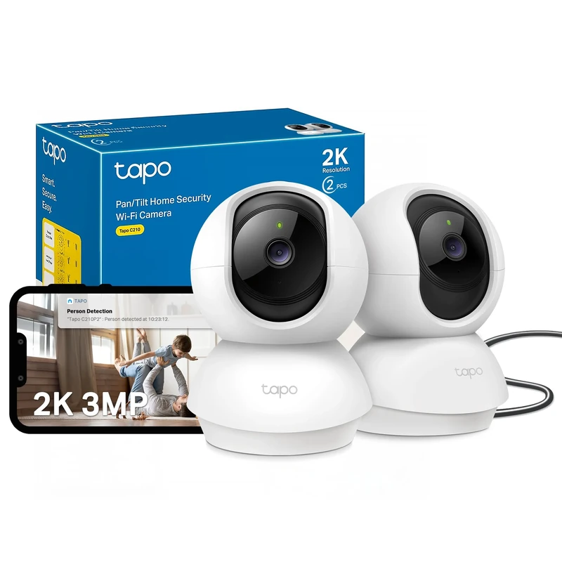 Tapo Wifi Indoor Camera, 2K 3MP Full HD Baby Camera, 360° Security Wireless Pet Camera, Night Vision, Work with Alexa & Google Home, 2 Pack(Tapo C210P2) (Package may vary)