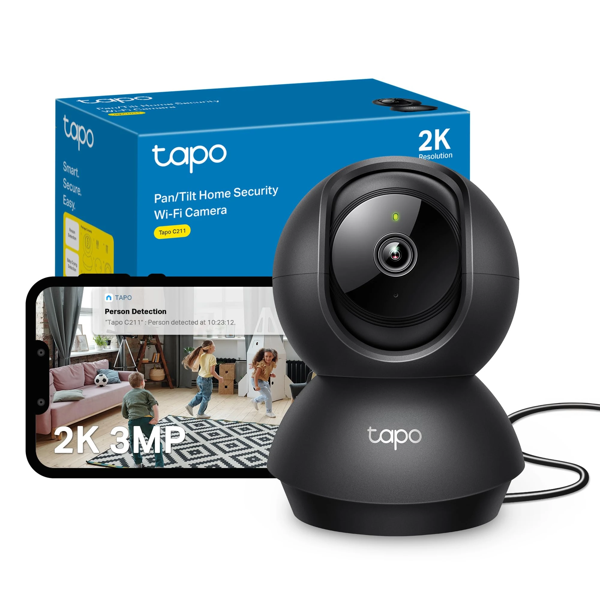 Tapo C211 2K 3MP Pan/Tilt Indoor Camera House Security Camera, WiFi Camera, No Monthly Fee, AI Detection, Dog Camera, Baby Camera Monitor, CCTV, 360° View, Night Vision, Works with Alexa & Google