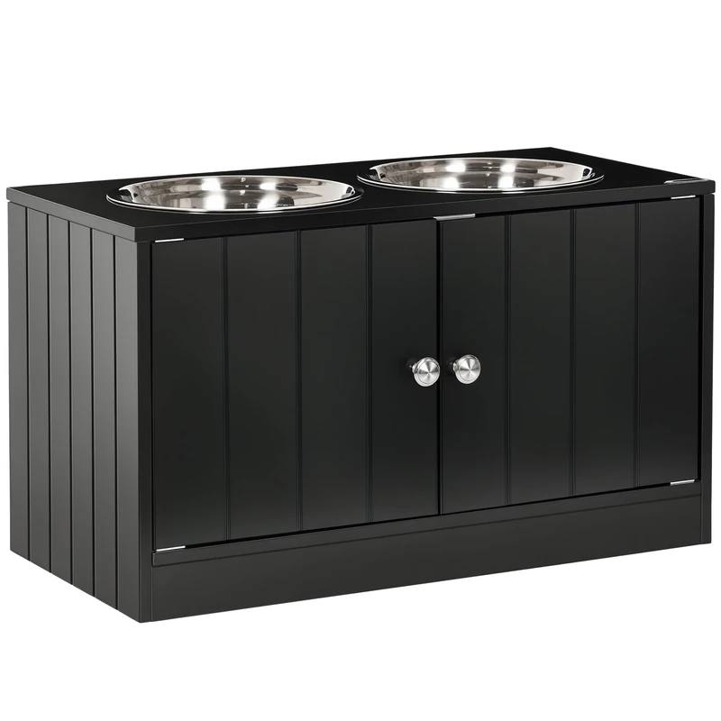 PawHut Raised Dog Bowls Double Dog Cat Bowl Bowl Holder 60 x 30 x 35.5 cm 2 Bowls 2L Stainless Steel Included Wood Black - Image 1