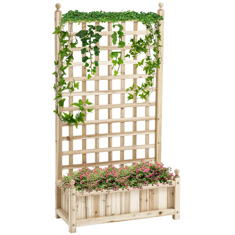 Outsunny Garden Planters with Trellis for Climbing Vines, Wooden Raised Beds for Garden, Free Standing Flower Pot, Indoor Outdoor Display Rack, 64 x 28 x 120 cm, Natural