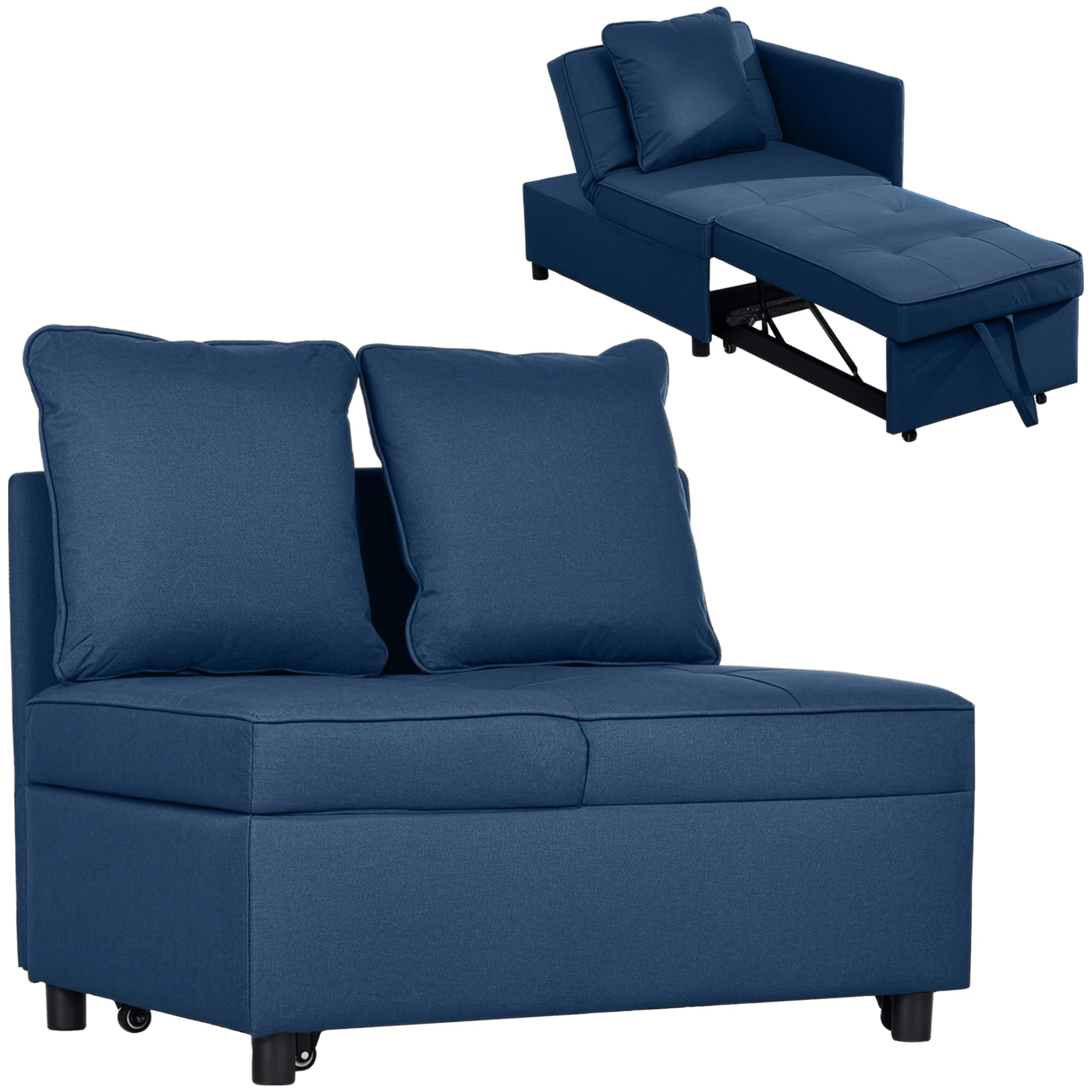 HOMCOM Convertible Single Sofa Bed with Thick Padded Seat, 3-in-1 Multi-Functional Sleeper Chair Bed with Magazine Pocket, for Living Room, Blue