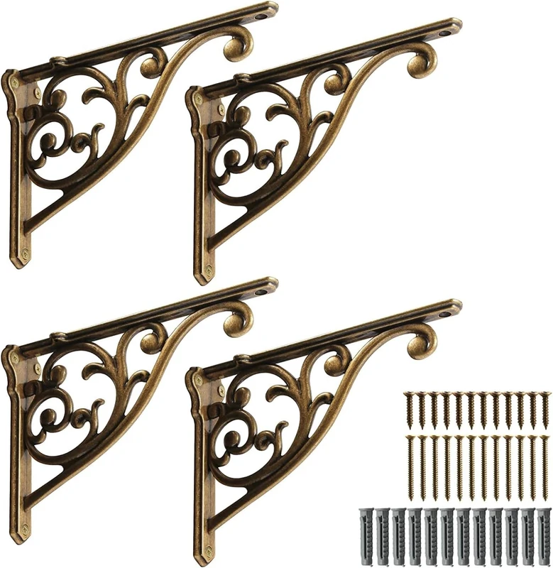 Khtumeware Shelf Bracket 10 Inch, Decorative Brackets for Shelving, Heavy Duty Vintage Ornate Shelf Bracket, Hardware Included, 4 Pack,Antique English Brass Finish, 9.84x7x1.73 inch