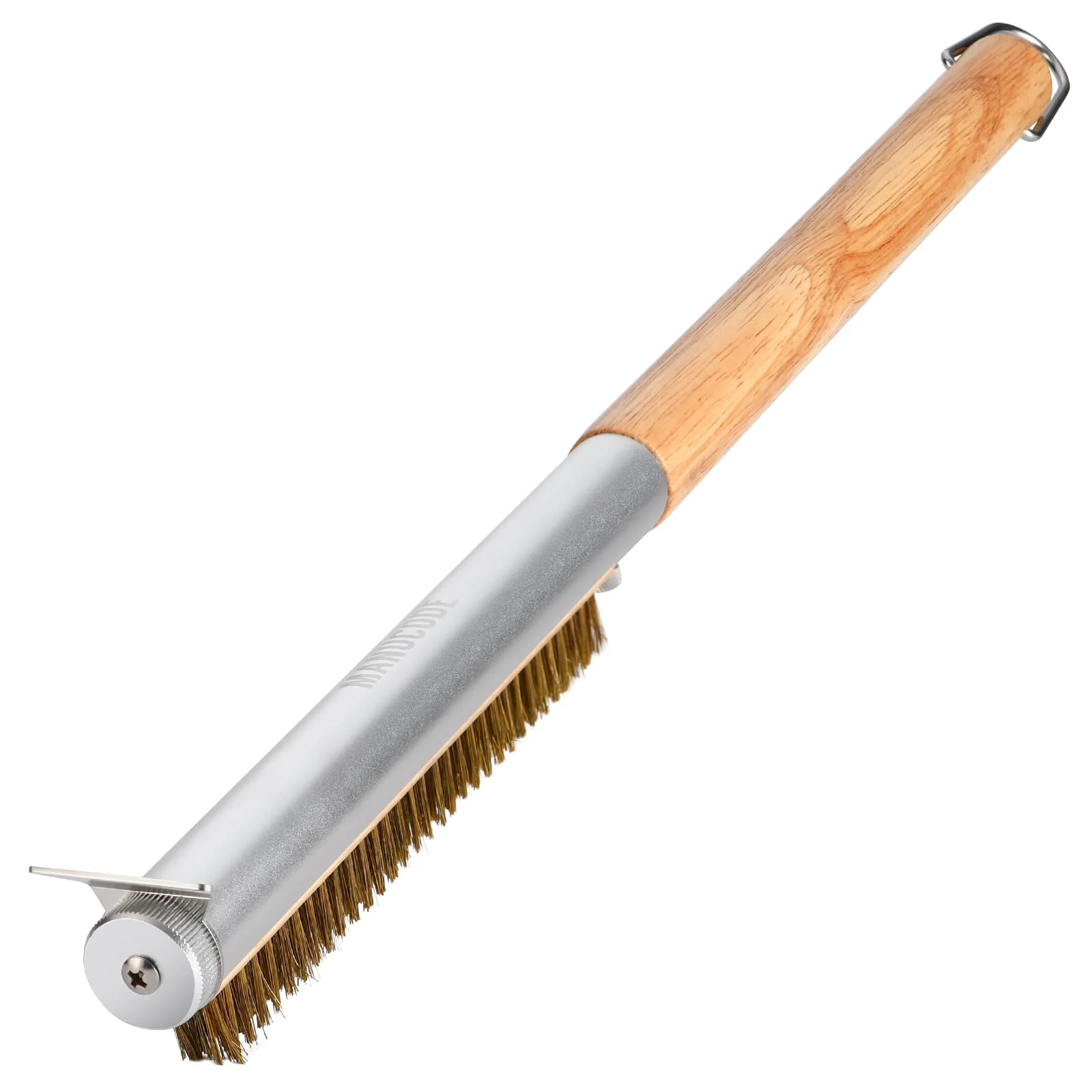 Manucode 52 cm Brass Pizza Oven Brush with Scraper – Heat-Resistant, Twist-Lock Wood Handle, No Tools Needed – For Gas, Wood-Fired & Electric Pizza Ovens