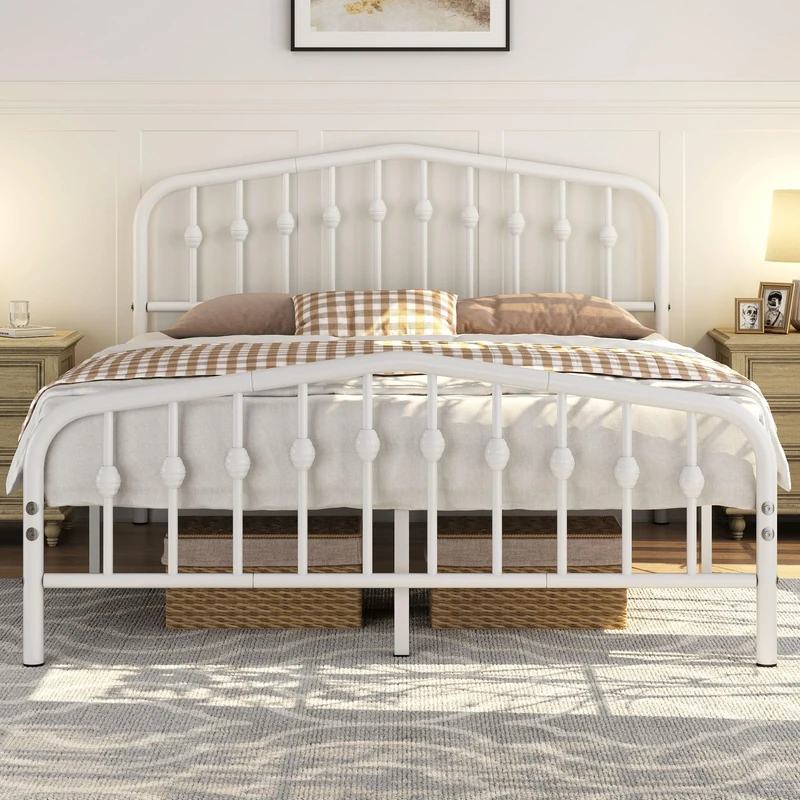 Yaheetech 5ft King Bed Frames Slatted Metal Bed with Crown-inspired Design Headboard/Spacious Under-bed Storage White