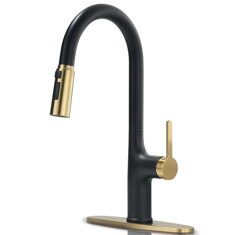 FROPO Kitchen Faucets Black and Gold Kitchen Faucet with Pull Down Sprayer High Arc Stainless Steel Kitchen Sink Modern Brass Kitchen Faucet 1 or 3 Hole Brushed Gold/Matte Black