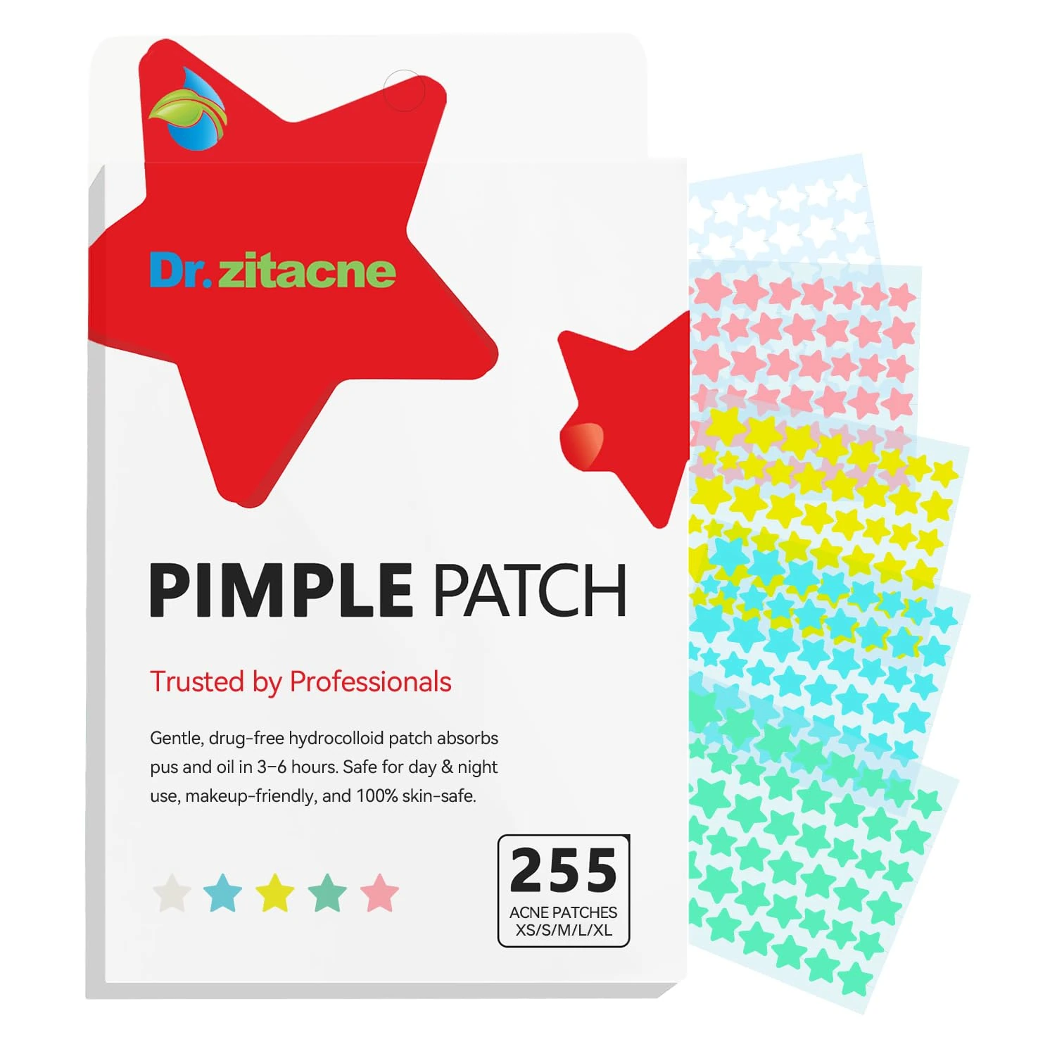 Pimple Patches, Original Fit Acne Patches 255Pcs 5Colors & 5Sizes(8,10,12,14,16mm) Hydrocolloid Spot Treatment Stickers for Face Cute Star Shape Stickers Invisible Zit Absorbing, Tea Tree Day & Night