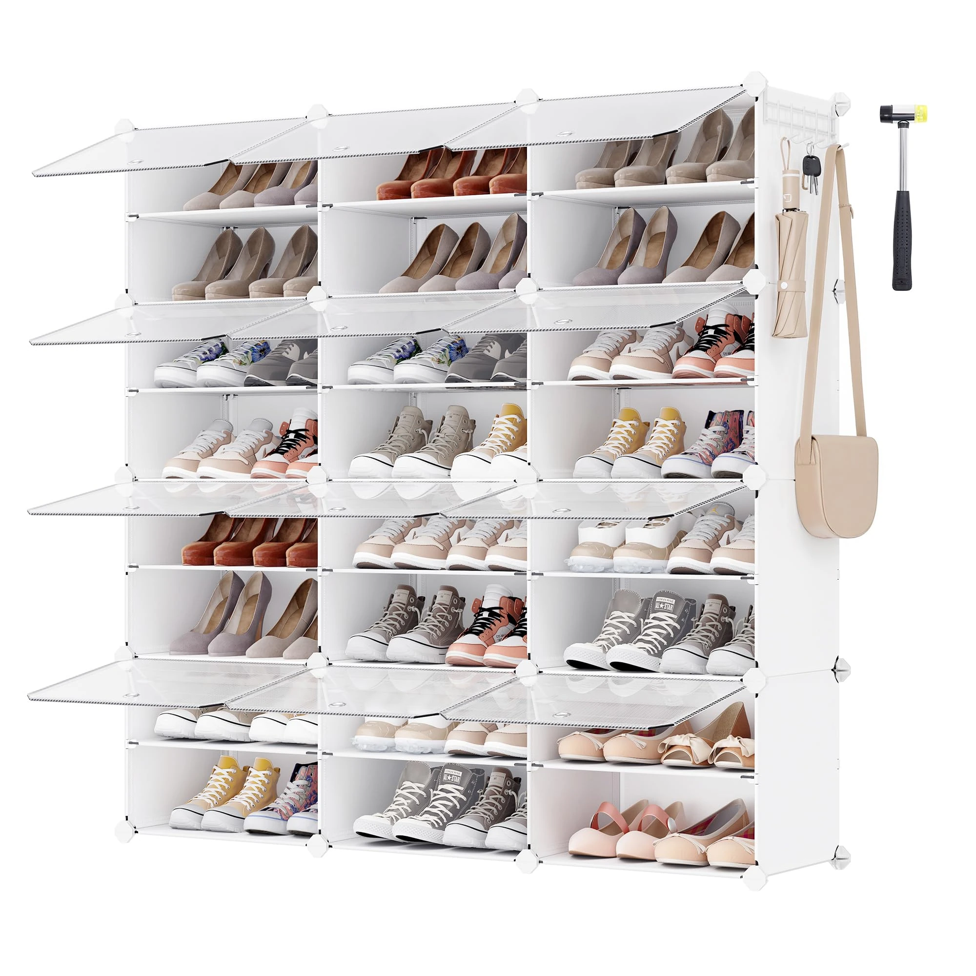 SONGMICS Interlocking Shoe Rack, Plastic Shoe Storage Cabinet, 12-Slot Modular Storage Organiser Unit, 30 x 40 x 30 cm for Each Slot, with Doors, Steel Frame, Plastic Panels, White LPC040W01