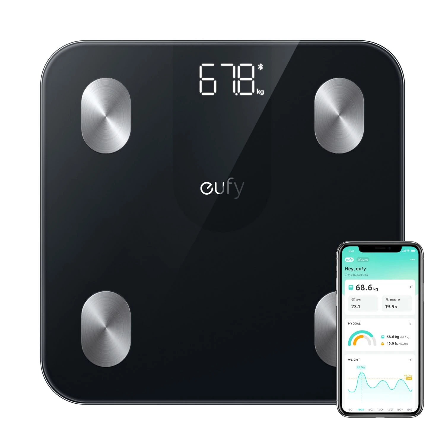 eufy Weighing Scales for Body Weight, Digital Bathroom Scales with Bluetooth, Body Fat Scales, 12 Measurements, Weight/Body Fat/BMI, Fitness Body Composition Analysis, Black, lbs/kg, Smart Scale A1