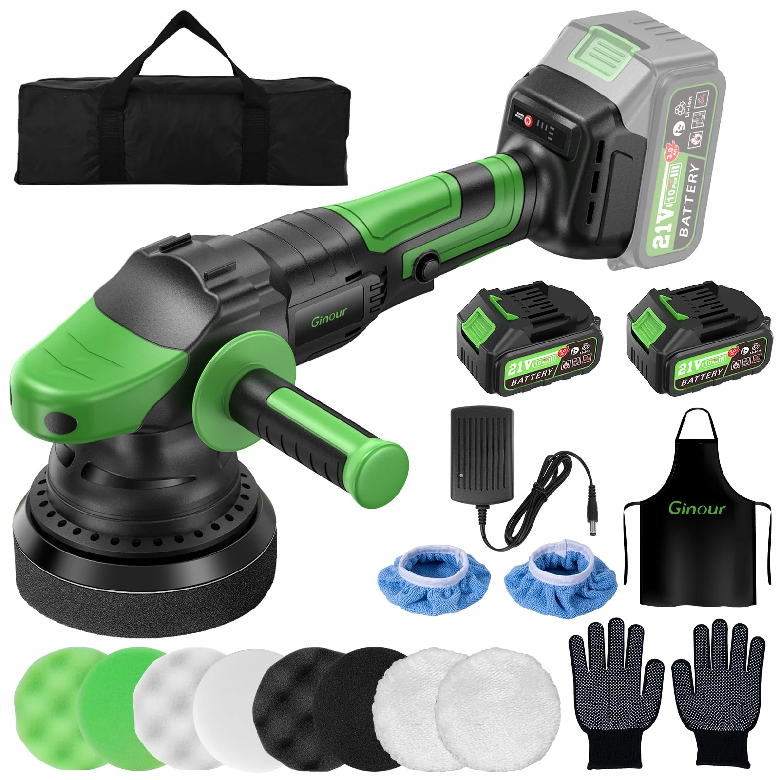 Ginour Cordless Car Polisher for Car Detailing, 900W Brushless Dual Action Car Polisher with 2*21V 3.0Ah Batteries, Variable Speeds 2000-6000RPM, Car Buffer Polisher Machine with Side Handle, 5in disc