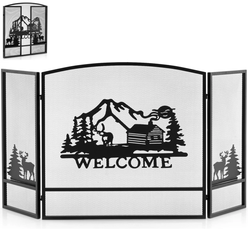 GiantexUK 3-Panel Folding Fire Guard, Heavy Duty Metal Mesh Fireplace Screen, Decorative Freestanding Spark Guard Safety Barrier for Child Baby Pet Open Fire, Black (Moose Pattern, 139x75cm)
