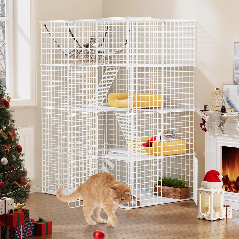 YITAHOME Large Cat Cage Indoor, Enclosure Metal Wire 4-Tiers Cat Kennels with 4 Doors, 3 Ladders, DIY Cat Playpen Catio with Large Hammock, Animals Cages for for 1-3 Cats Bunny, White,107x72x142cm - Image 1
