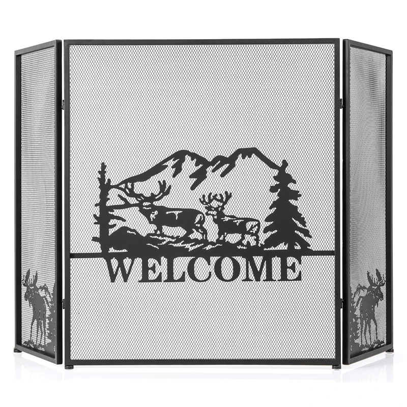 GiantexUK 3-Panel Folding Fire Guard, Heavy Duty Metal Mesh Fireplace Screen, Decorative Freestanding Spark Guard Safety Barrier for Child Baby Pet Open Fire, Black (Moose Pattern, 132x79cm)