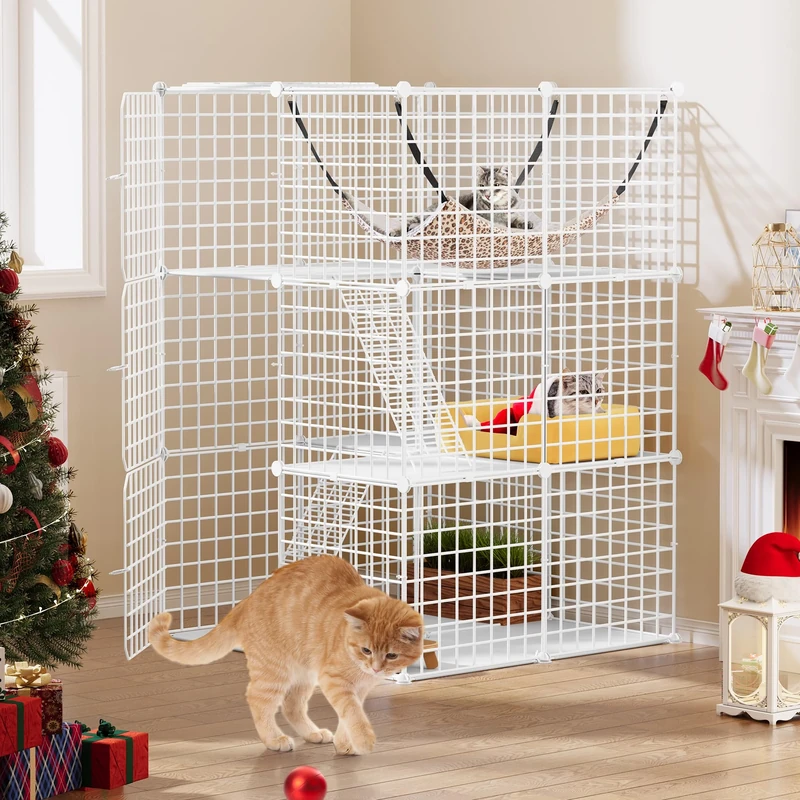 YITAHOME Cat Cage Indoor Cat Enclosures 3-Tiers DIY Playpen,Kennel with Extra Large Hammock for 1-2 Cats, Ferret, Chinchilla, Rabbit, Small Animals, 72 x 72 x 107cm, White