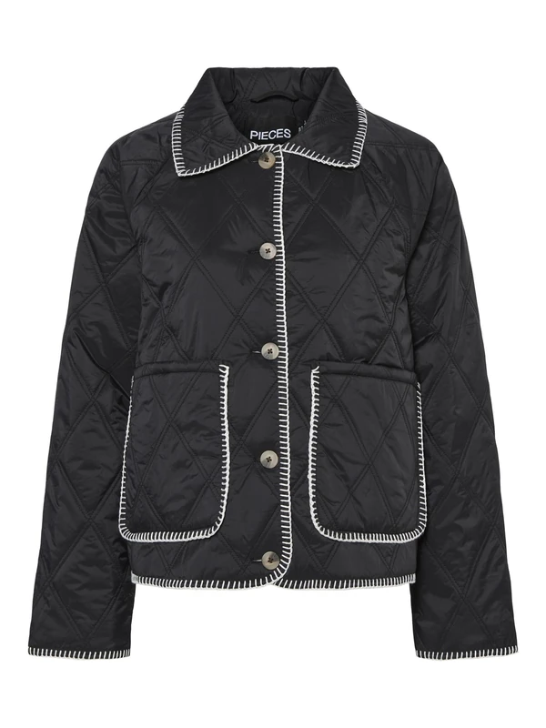 PIECES Women's Pcnaima Quilted Stitch Detail Jacket, Black/Detail:Cloud Dancer Tread, S