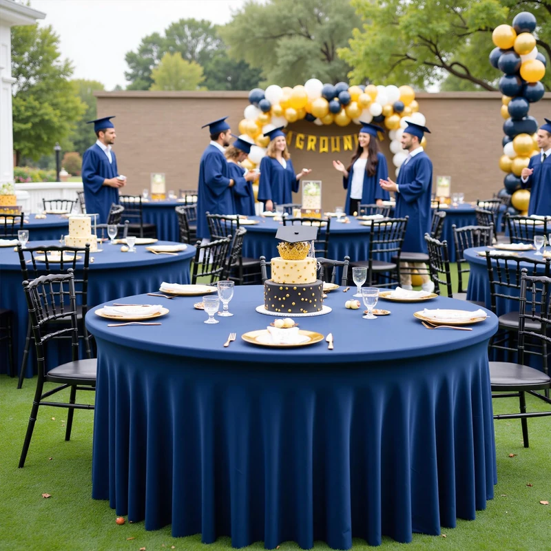 Htper 8 Pack Navy Blue Spandex Round Tablecloths for 60 inch Table, Wrinkle Free 120inch Stretchy Fitted 5FT Round Table Cloths Cover with Skirt for Wedding Party Dining Banquet Events