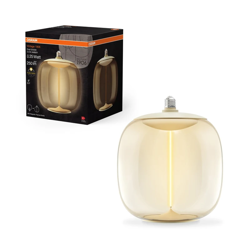 OSRAM Vintage 1906® Big Elipse Oval, Decorative LED lamp with Amber-Colored Glass, with Ultra-Slim and Magnetic Filament, E27 Base, 4 watts, Warm White (2700K), Low Energy Consumption